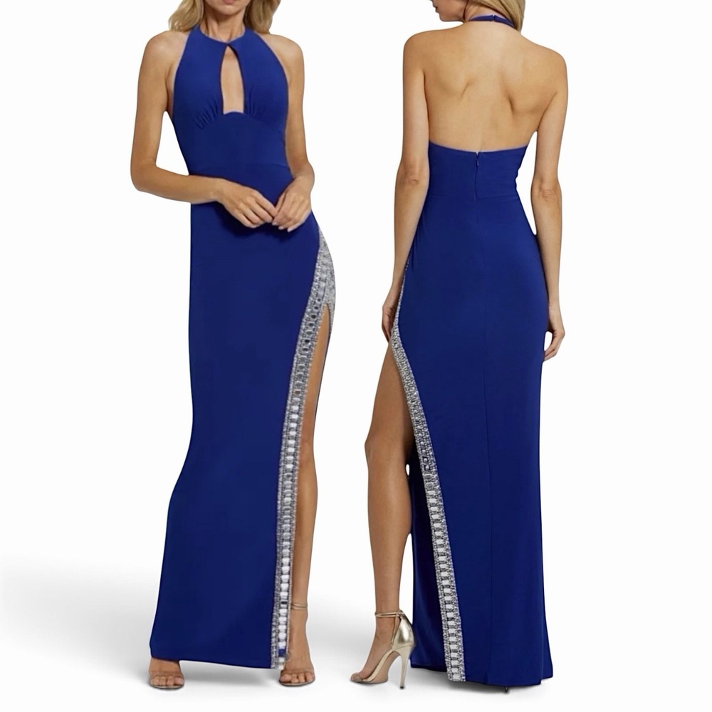 Mac Duggal Long Formal Halter Column Gown Embellished High Slit